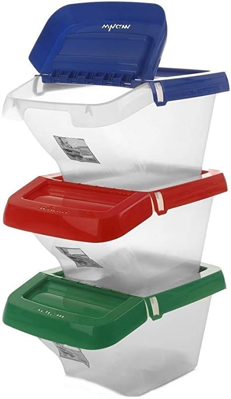 Pack Of 3 30 Litre Stackable Recycling Clear Base Colour Coded Plastic