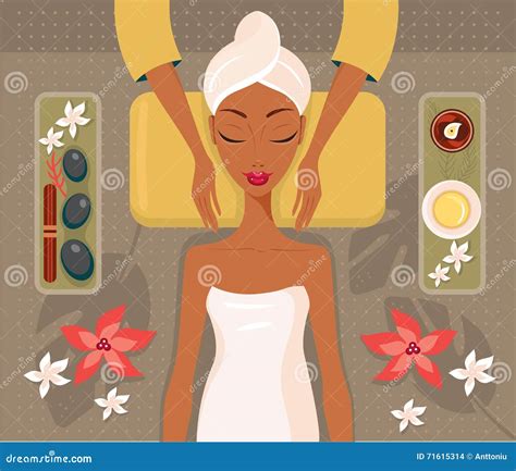 Beautiful African Woman Relaxing Spa Salon Face Body Massage Concept