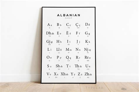 Albanian Alphabet Print Albania Language Chart Wall Art Black And White