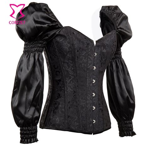Victorian Retro Corsets And Bustiers With Puff Long Sleeve Black Gothic Corset Plus Size Ett For