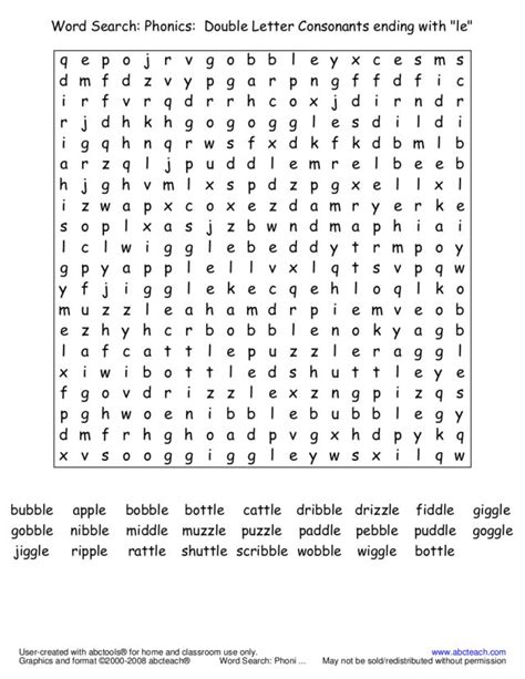 Word Search Phonics Double Letter Consonants Ending With Le