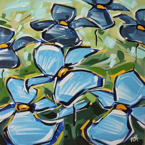 A Painting Of Blue Flowers On A Green Background