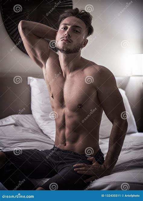 Shirtless Male Model Lying Alone On His Bed Stock Image Image Of Lone Inviting 132435511