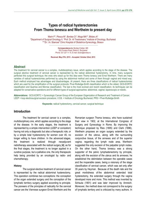 Pdf Types Of Radical Hysterectomies From Thoma Ionescu And Wertheim To Present Day