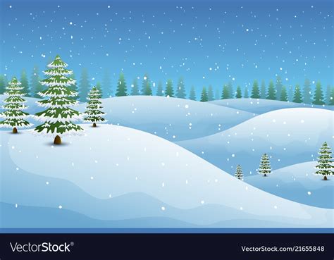 Winter Landscape With Fir Trees And Snowy Hills Vector Image