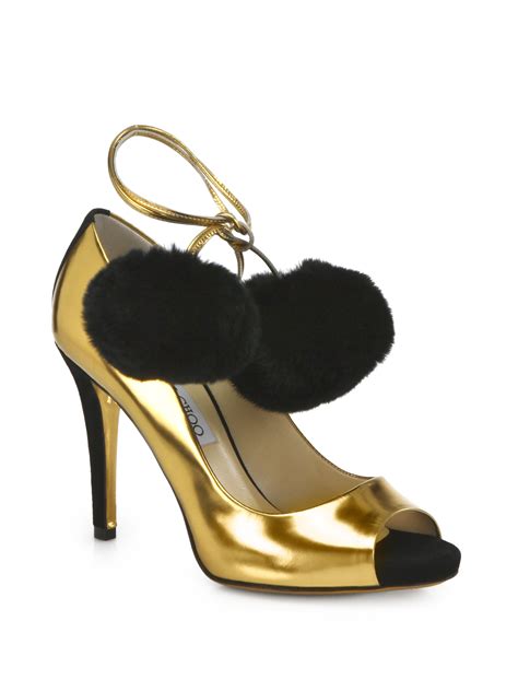 Jimmy Choo Fico Metallic Leather Pompom Ankle Strap Pumps In Gold Lyst