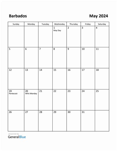 Free Printable May 2024 Calendar For Barbados