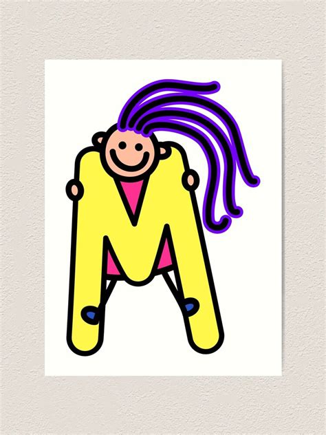 Letter M For Girls Alphabet Kids Colorful Cartoon Character Art Print