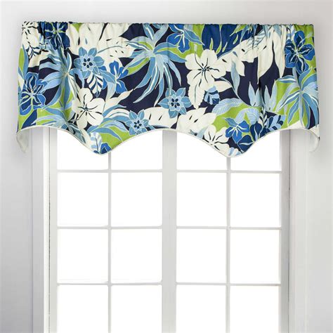 Tropical garden scallop 50-inch rod pocket window valance in blue
