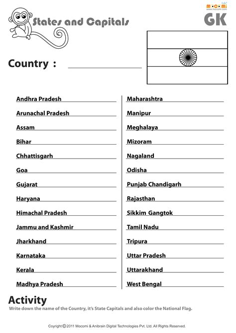 Indian States And Their Capitals English Worksheets For Kids Mocomi