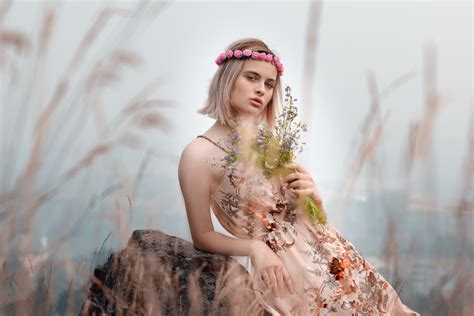 women model plants women outdoors dress blonde looking at viewer flower crown summer dress