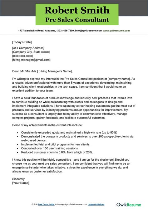 Pre Sales Consultant Cover Letter Examples Qwikresume
