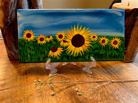 Meadow Of Sunflowers Hand Painted Ceramic Tile Wall Art Home Etsy