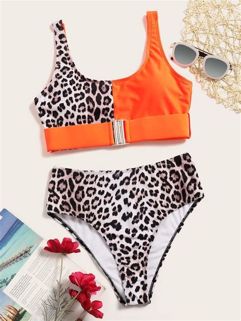 Leopard Buckle Top With High Waist Bikini Shein Bikinis For Sale Bow