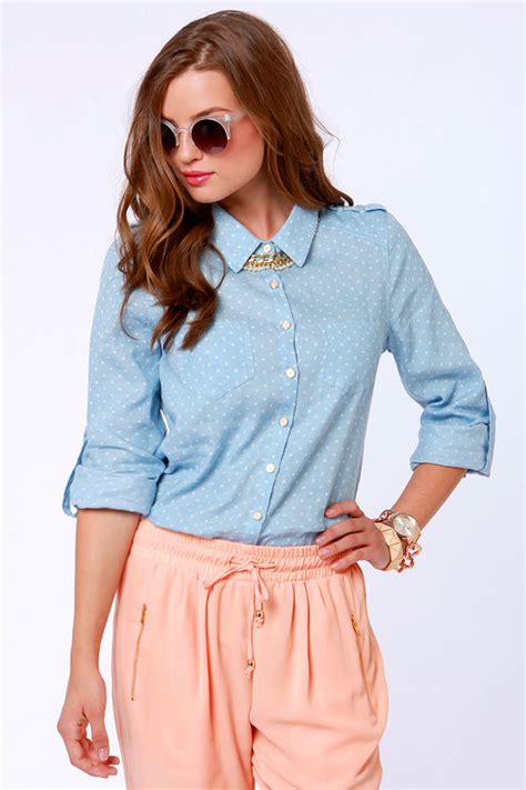 Cute Chambray Top Polka Dot Top Collared Shirt 4200 Lulus