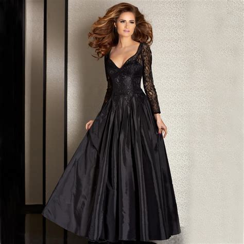 Black Evening Dresses Sexy V Neck Lace Long Sleeve Floor Length