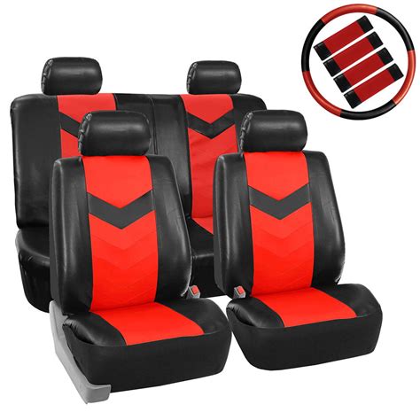 Fh Group Synthetic Leather Auto Seat Cover 4 Headrests Full Set With Steering And Belt Pads