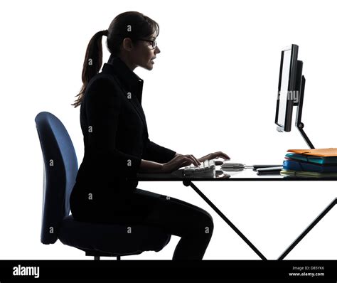 One Business Woman Computer Computing Typing Silhouette Studio Isolated