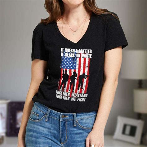 Black Or White Together We Stand And Fight Us Flag Ladies V Neck T Shir