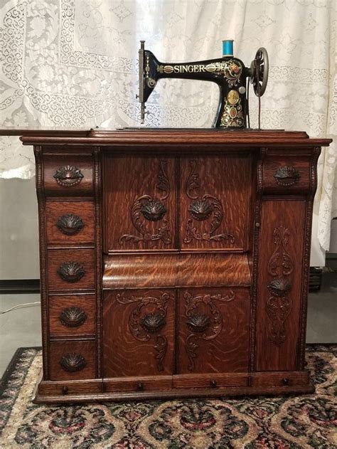 1920 Singer Sewing Machine In Antique Tiger Oak Cabinet 79900
