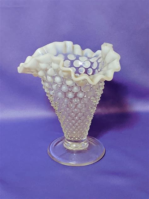 Vintage Clear Glass Hobnail Vase W White Ruffled Top Etsy