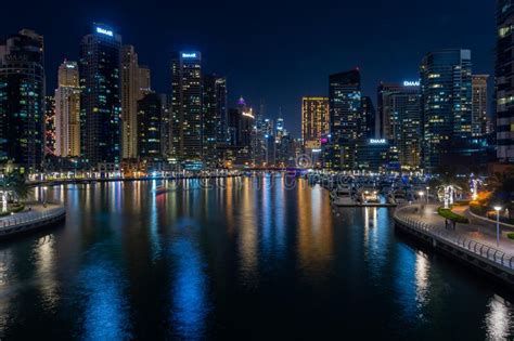 Dubai Marina Yacht Club Long Exposure At Night With Lights Of Skyline