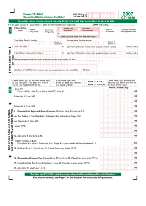Form Ct 1040 Connecticut Resident Income Tax Return 2007 Printable