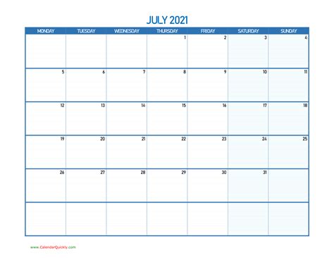 2021 blank and printable word calendar template. July Monday 2021 Blank Calendar | Calendar Quickly