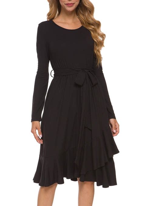 Olrik Womens Plain Long Sleeve Flowy Modest Midi Dress Work Casual Long Sleeve Midi Dress With