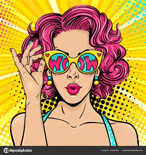 Wow Pop Art Face Sexy Surprised Woman With Pink Curly Hair And Open