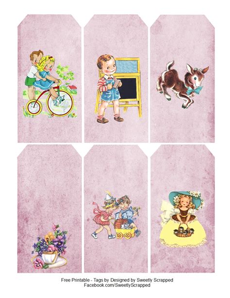 Sweetly Scrapped Vintage Children Tags On Distressed Purple Background