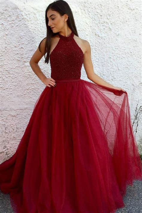A Line Round Neck Floor Length Red Tulle Prom Dress With Beading Pg490