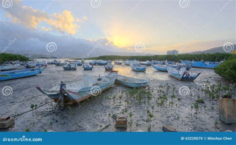 Morning Landscape With Stranded Boats On Tamsui River In Taipei Taiwan