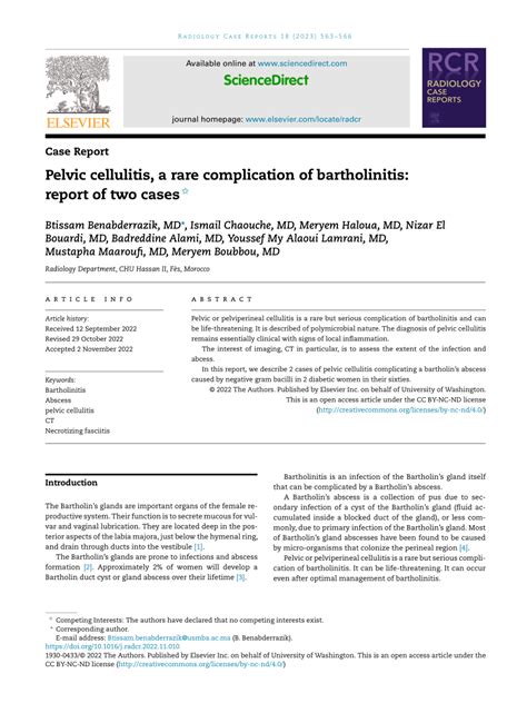 Pdf Pelvic Cellulitis A Rare Complication Of Bartholinitis Report