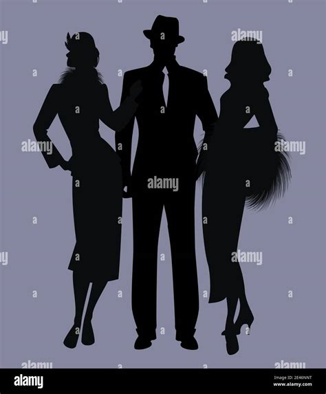 Elegant Isolated Silhouettes Of Ladies And Gentlemen Wearing Classic Film Noir Style Clothes