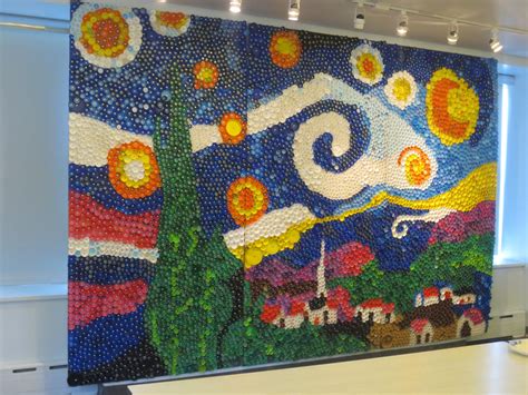 What A Beautiful Mural Of Van Goghs Starry Night By Using Bottle Caps