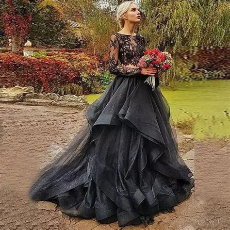 2019 black gothic wedding dresses long sleeves lace slash neck ruffles tulle ball gown two piece