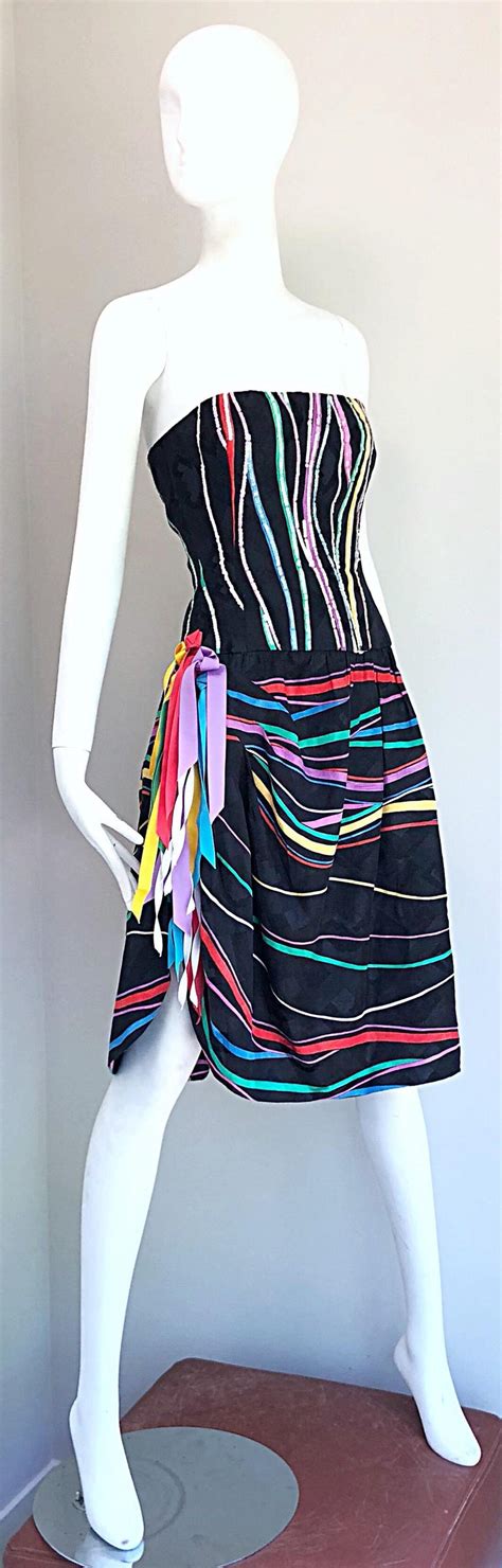 Late 1970s Bob Mackie Rare Sequin Ribbons Vintage 70s Strapless Silk Dress For Sale At 1stdibs