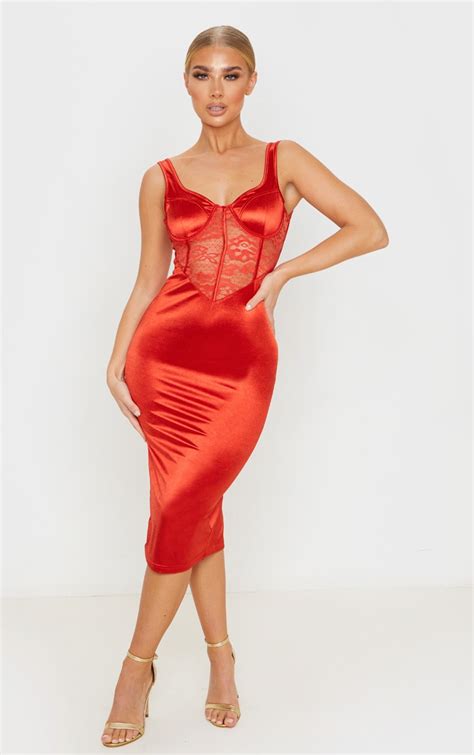 red satin bustier lace insert midi dress prettylittlething sa