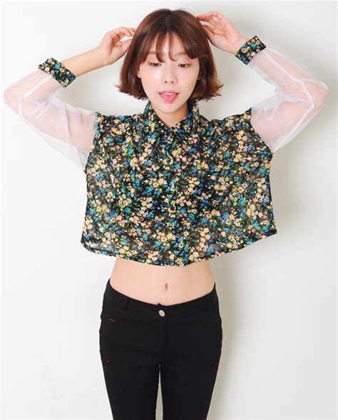 [yubsshop] Cropped Floral Top With White Chiffon Sleeves Kstylick Latest Korean Fashion K