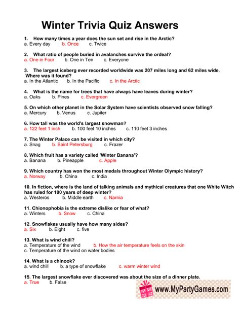 Free Printable Winter Trivia Quiz With Answers Fun Trivia Questions