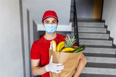 Food Delivery Service Male Worker Holding Grocery Bag Express Food