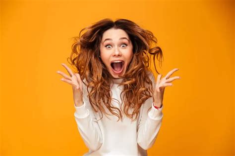 Portrait Excited Young Girl Screaming Isolated Yellow Background Stock