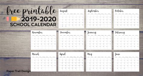 2019 2020 Printable School Calendar Paper Trail Design