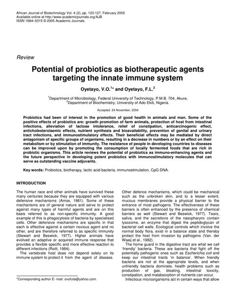 Pdf Potential Of Probiotics As Biotherapeutic Agents Targeting The