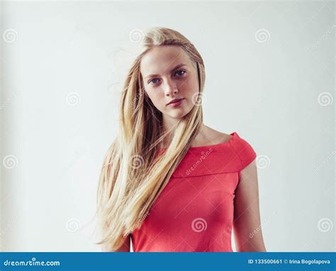 Beautiful Long Blonde Hair Woman In Red Dress Natural Over White Stock