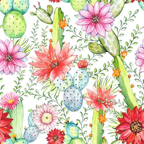 Premium Vector Seamless Pattern With Watercolor Cacti And Flowers