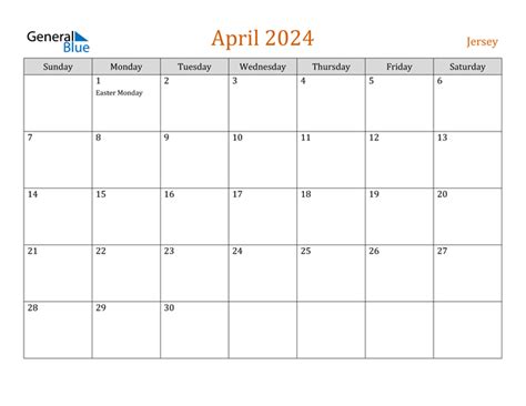 Jersey April 2024 Calendar With Holidays