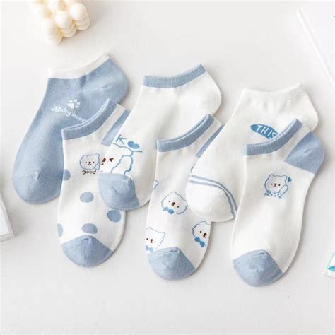 Buy 5pairs Women Cotton Socks Cute Print Princess Two Dimensional Fashion Socks Striped Plaid