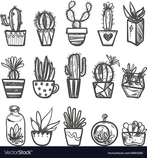 Hand Drawn Set Of Cactus In The Pots Royalty Free Vector